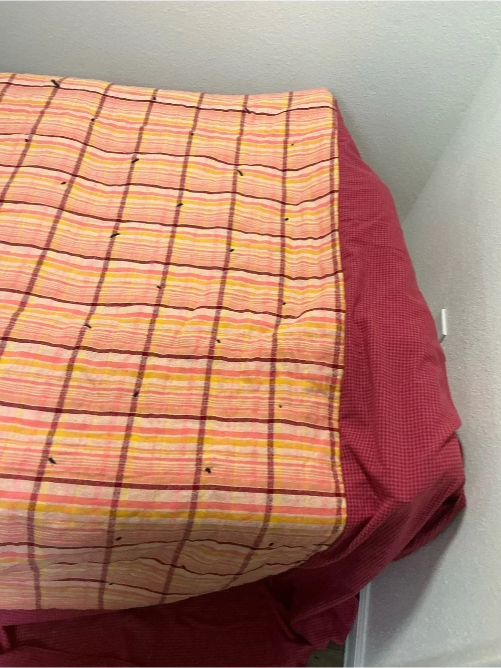 Vintage handmade patchwork quilt yarn tied plaid blanket with skirt 82x70